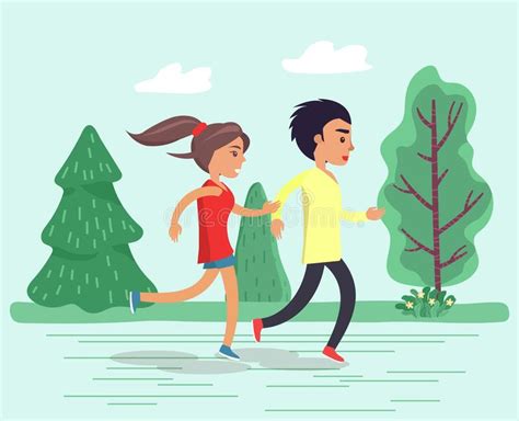 Chico Y Chica Corren En El Parque Gente Trotando Juntos Ilustración