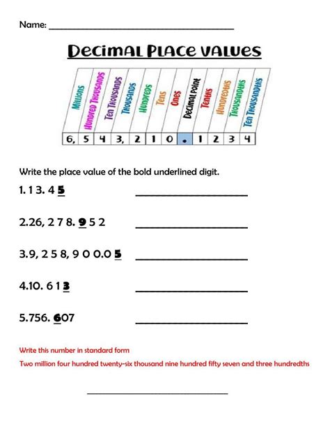 FREE 5th Grade Decimal Place Value Worksheets Review Activities