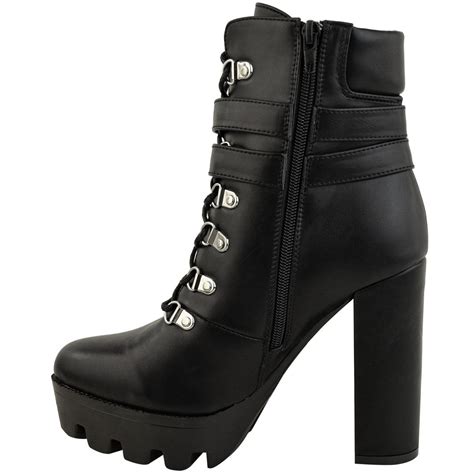 Womens Ladies Platforms Ankle Boots Block High Heels Lace Up Grunge