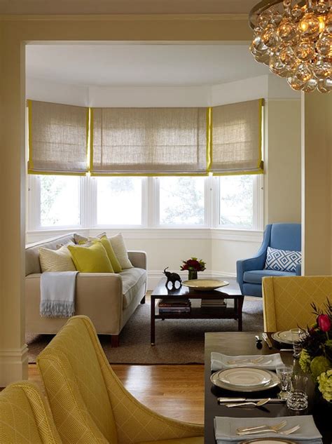 Gray And Yellow Roman Shades Contemporary Living Room