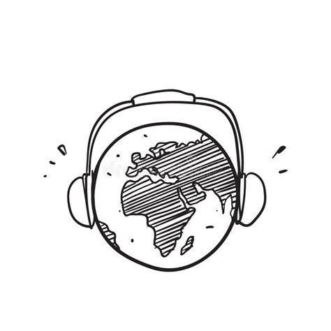 Hand Drawn Doodle Earth Globe Planet With Headset Illustration Vector