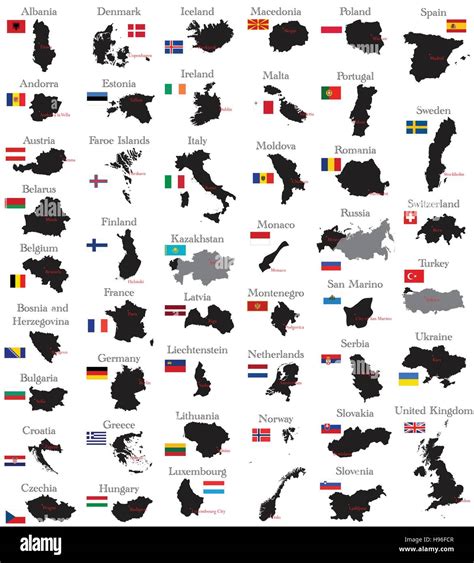 Los países de Europa con fronteras banderas y capitales Imagen Vector