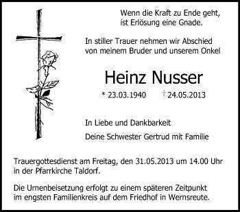 Traueranzeigen Von Heinz Nusser Schwaebische De Trauerportal