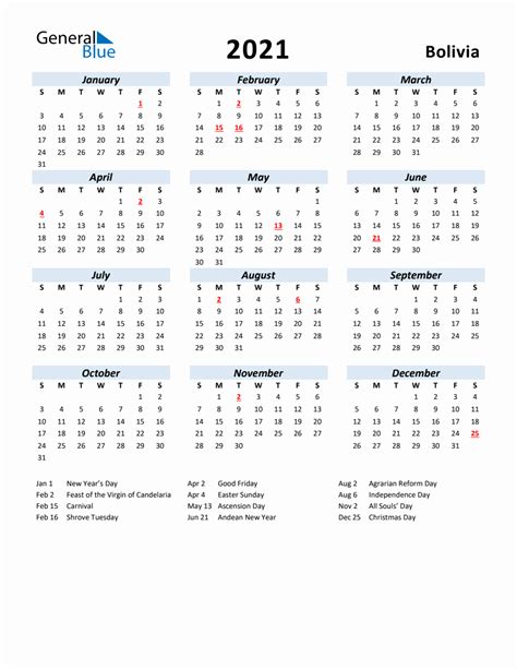 2021 Yearly Calendar For Bolivia With Holidays