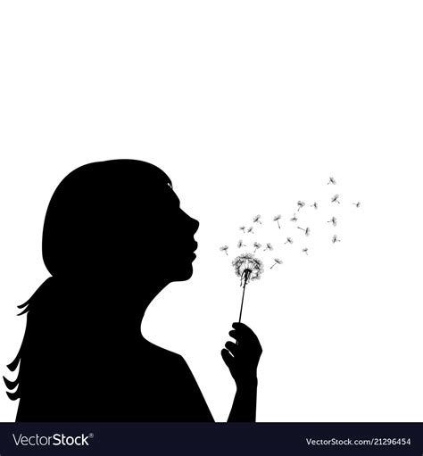 Silhouette Of A Little Girl Blowing Dandelion Vector Image
