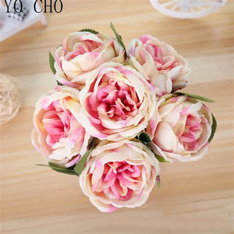 yo cho silk artificial rose flower pink small fresh fall vivid peony fake leaf wedding home