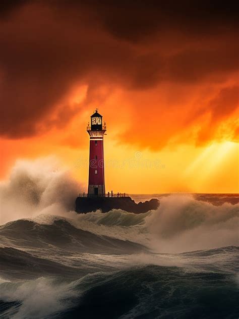 Old Lighthouse Guiding The Way In Ocean Storm Stock Image Image Of