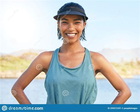 Lake Sport And Fitness Portrait Of Woman Ready For Outdoor Activity In The Sunshine With Smile