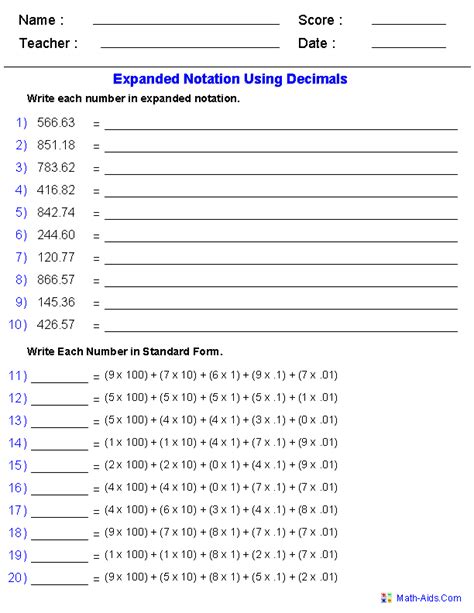 Math Worksheet On Expanded Form