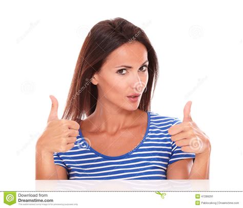 Lady In Blue T Shirt With Thumbs Up Stock Image Image Of