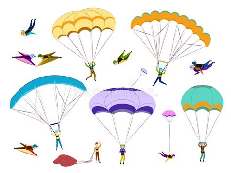 Collection Of Parachutists And Skydivers Isolated On White Background