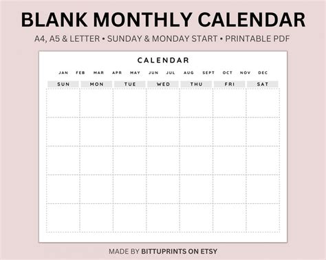 Blank Monthly Calendar Landscape Template Printable Calendar Etsy