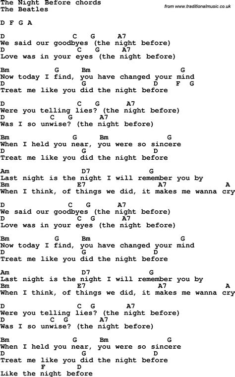 Song Lyrics With Guitar Chords For The Night Before The Beatles Easy