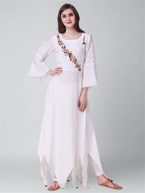 White Hand Embroidered Cotton Mulmul Asymmetric Kurta Dress Patterns