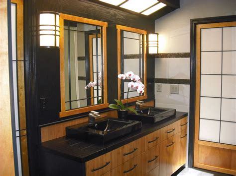 Asian Style Bathroom With Bamboo Counter Top And Cabinets Asian