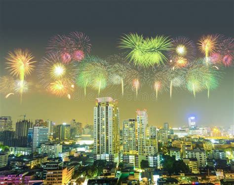 Cityscape In The Night With Firework Stock Photo Image Of Street
