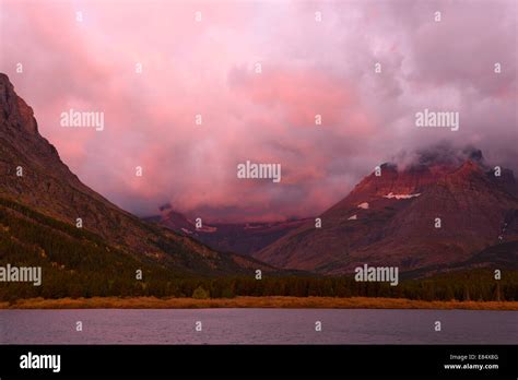Sunrise View From The Many Glacier Hotel At Swiftcurrent Lake In