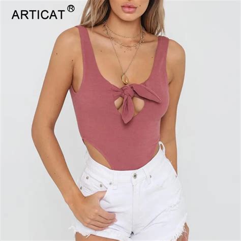 Articat Sexy Bow Tie Backless Bodysuit Women Spaghetti Strap Hollow Out Skinny Rompers Womens