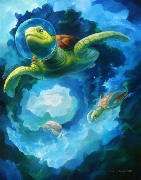 Space Turtles Surf A Nebula Wave Sea Turtle Traditional Art Nebula