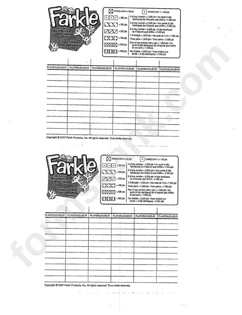 Farkle Score Sheet And Rules Page 2 Of 2 In Pdf
