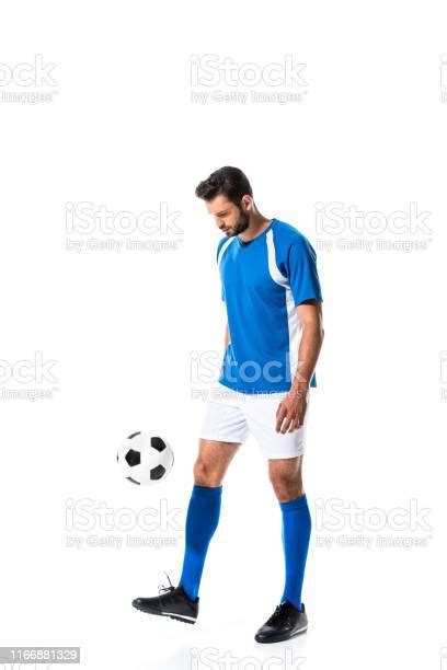 Schöne Fußballer Training Mit Ball Isoliert Auf Weiß Stockfoto Und Mehr