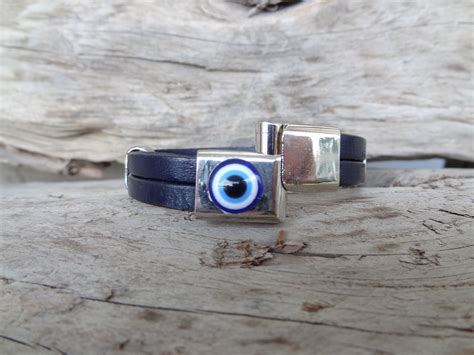 Mens Evil Eye Bracelet Black Thick Leather And Magnetic Clasp