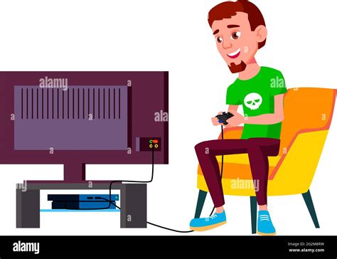Boy Playing Video Games On Console In Living Room Cartoon Vector Stock