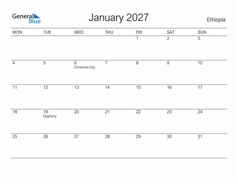 Printable January 2027 Monthly Calendar With Holidays For Ethiopia