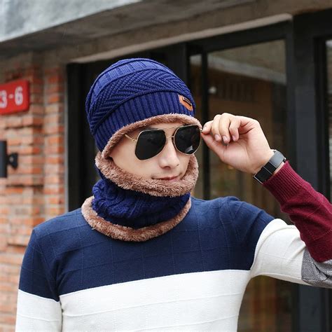Men Warm Winter Hat With Scarf Wool Lining Thick Warm Knit Beanies