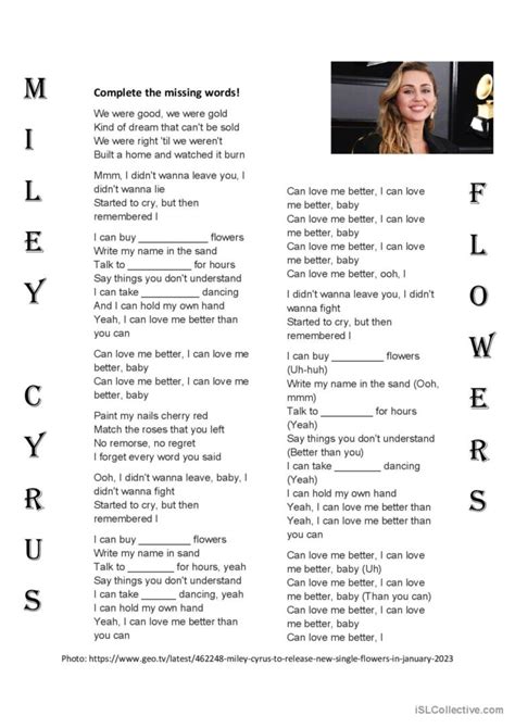 miley cyrus flowers song and nurse… english esl worksheets pdf and doc
