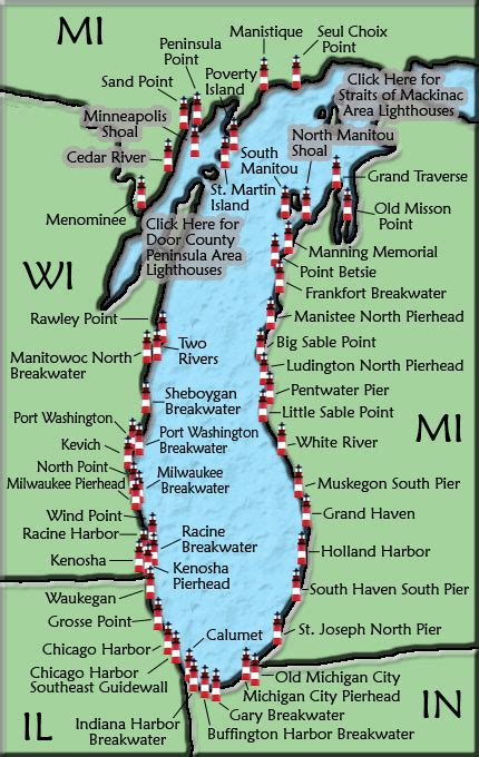 Lake Michigan Lighthouse Map Michigan Lighthouse Map Lake Michigan