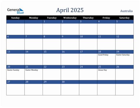 April 2025 Australia Holiday Calendar