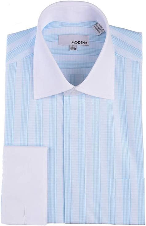Mens Light Blue Striped With White Contrast Collar And French Cuff Dress