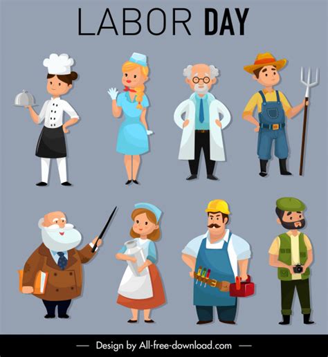 Labor Day Design Elements Occupation Icons Cartoon Characters Vector