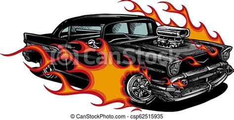 Car Muscle Old 70s Vector Illustration With Flames Car Muscle Old 70s