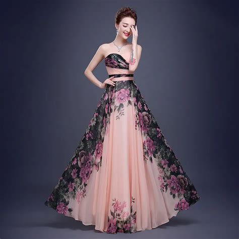 New Design Chiffon Strapless Long Dress Flower Pattern Evening Formal Dress Lace Up Elegant Pink