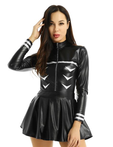 Womens Shiny Wetlook Pvc Leather French Apron Maid Costume Outfits