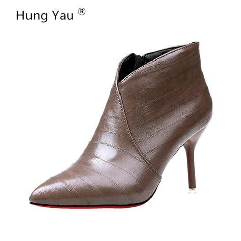 Hung Yau Women Fashion Comfortable Black Leather Ankle Boots Lady Autumn Thick High Heel Boots