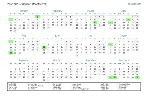 Calendar For 2023 With Holidays In Montserrat Print And Download Calendar