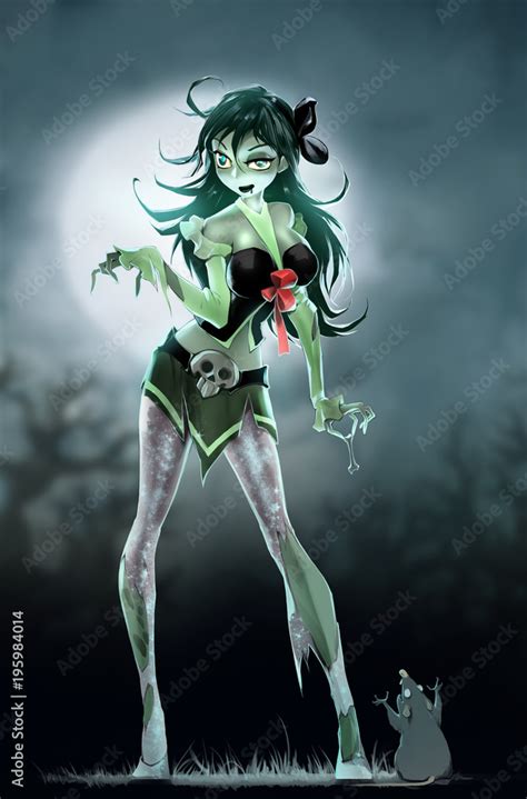Digital Raster Illustration Of A Cartoon Anime Of A Beautiful Elegant Zombie Girl Wearing