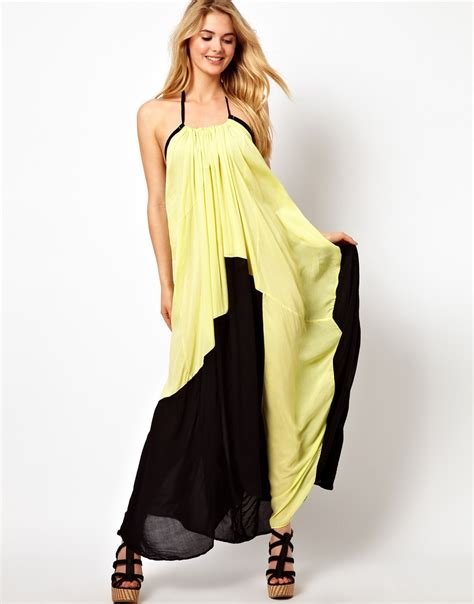 New Fashion Chiffon Casual Blocked Yellow And Black Patchwork Halter