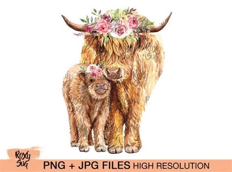 Cow And Calf With Flower Crown Watercolor Highland Cow Watercolor Cow