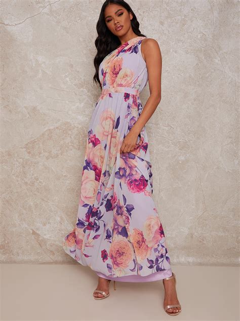 One Shoulder Floral Maxi Dress In Purple Chi Chi London