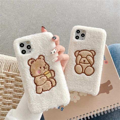 Cute Embroidery Bear Fuzzy Phone Case For Iphone 12 11 Pro Max Etsy
