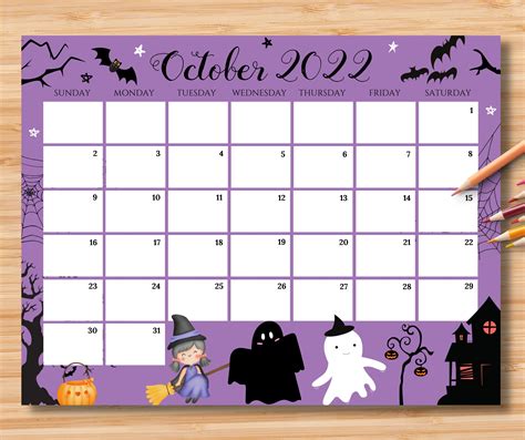 Editable October 2022 Calendar Spooky Halloween Printable Etsy