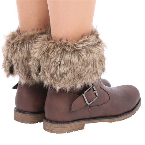 Ladies Womens Faux Fur Lined Collar Buckle Warm Pull On Winter Ankle Boots Size Ebay