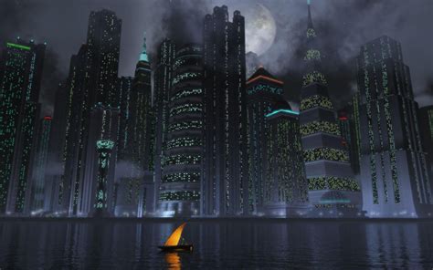 Download 1920x1200 Gotham City Boat Cityscape Skyline Moon Dark
