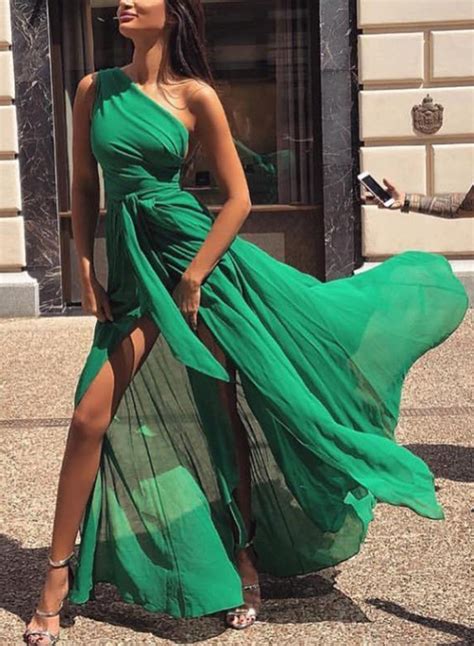 Green One Shoulder High Slit Swing Maxi Prom Dress With Belt