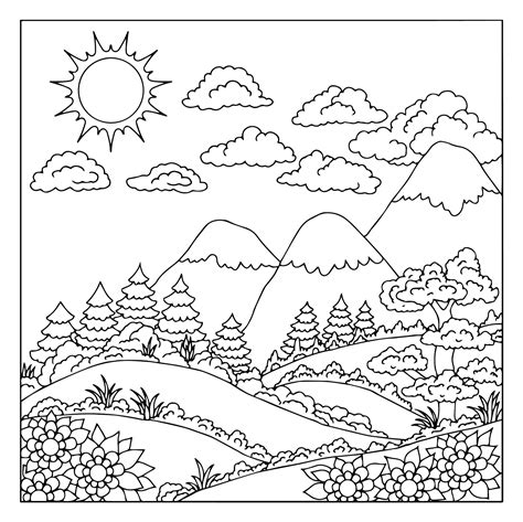 diseño vectorial para colorear página para niños paisaje de montaña