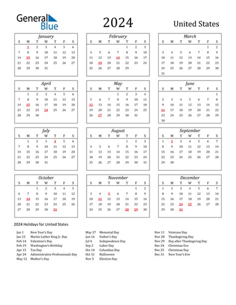 2024 United States Calendar With Holidays 2024 Calendar Printable Ariaatr